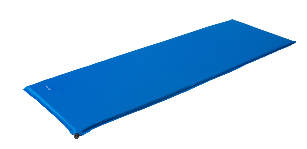 Selvoppblåsende liggeunderlag Comfort Single 196x63x3,8 cm blå utbrettet og fylt med luft, sett forfra