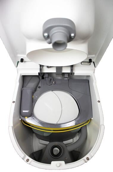 Bakside av Separasjonstoalett Tiny med urinslange 12V, hvit - Separett med urinslange