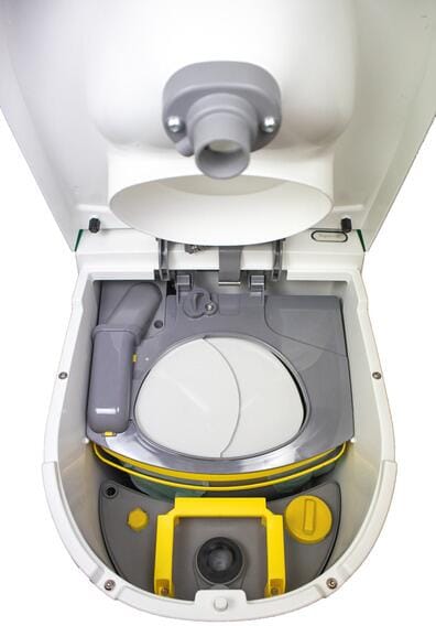 Bakside av Separasjonstoalett Tiny med urinbeholder 12V hvit