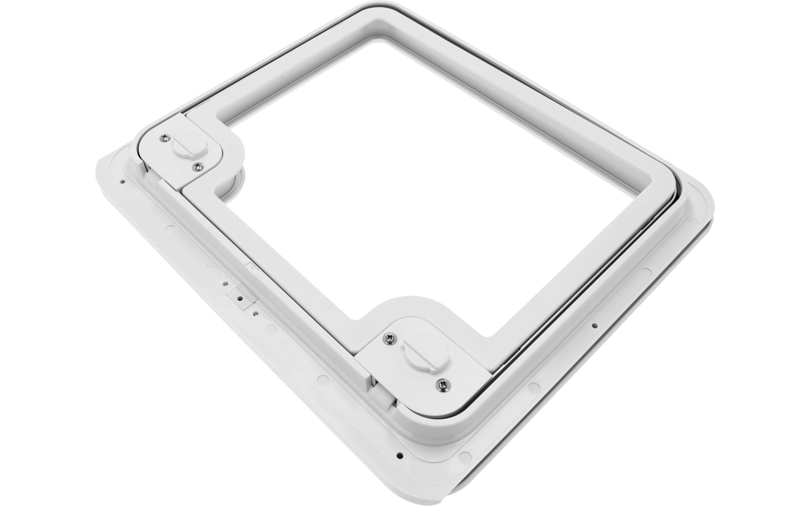 Serviceluke for campingvogn veggtykkelse 26–46 mm aluminium hvit nærbilde hengsel