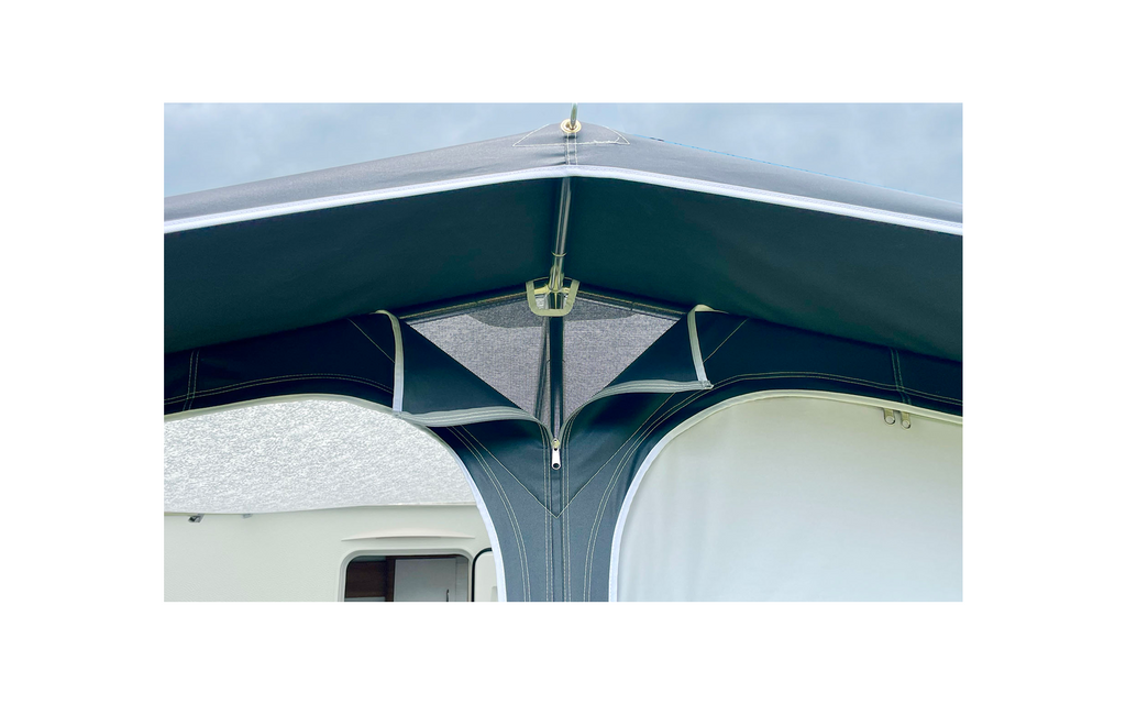 Sesongfortelt Dynamic 250 for campingvogn, stålstenger nærbilde av materiale