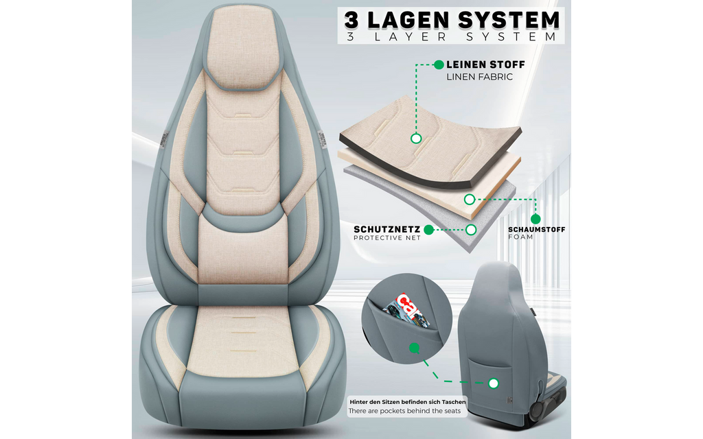 Setetrekk H-Serie for bobil 2 stk Ducato/Jumper/Boxer beige/grå med lommer