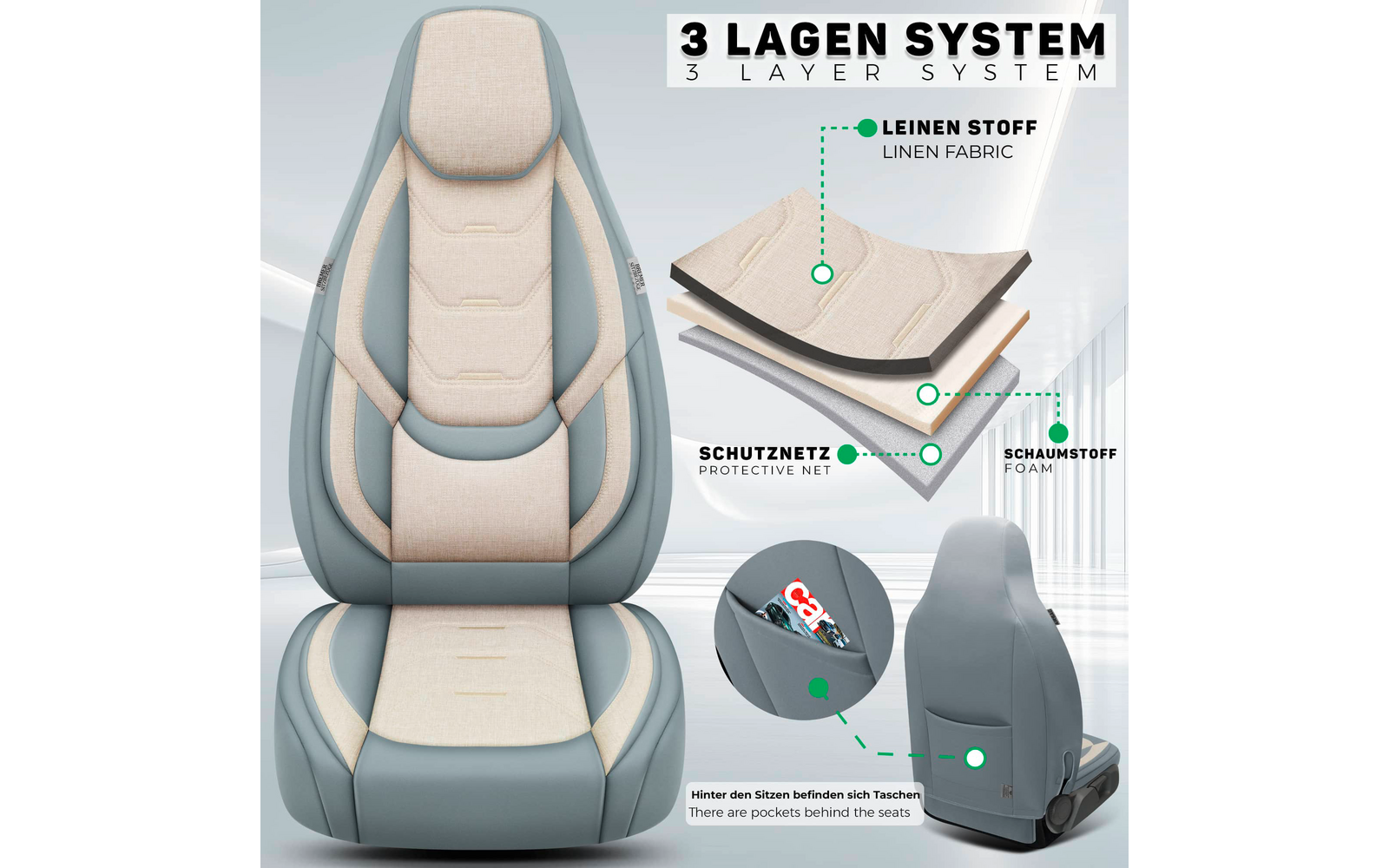 Setetrekk H-Serie for bobil 2 stk Ducato/Jumper/Boxer beige/grå med lommer