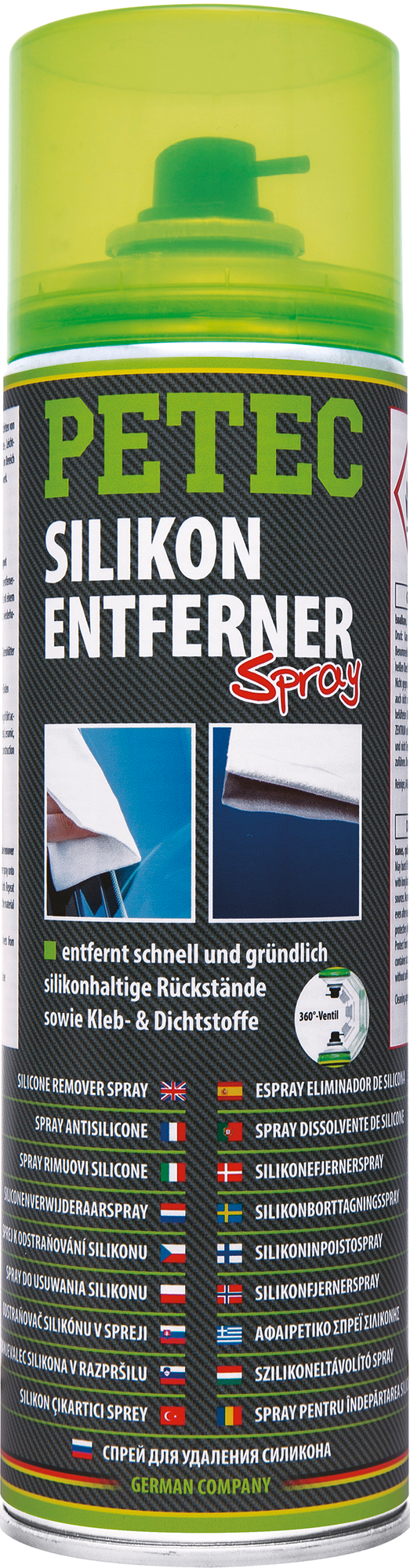 Silikonfjerner spray for lakk, metall og glass 500 ml - Petec i bruk