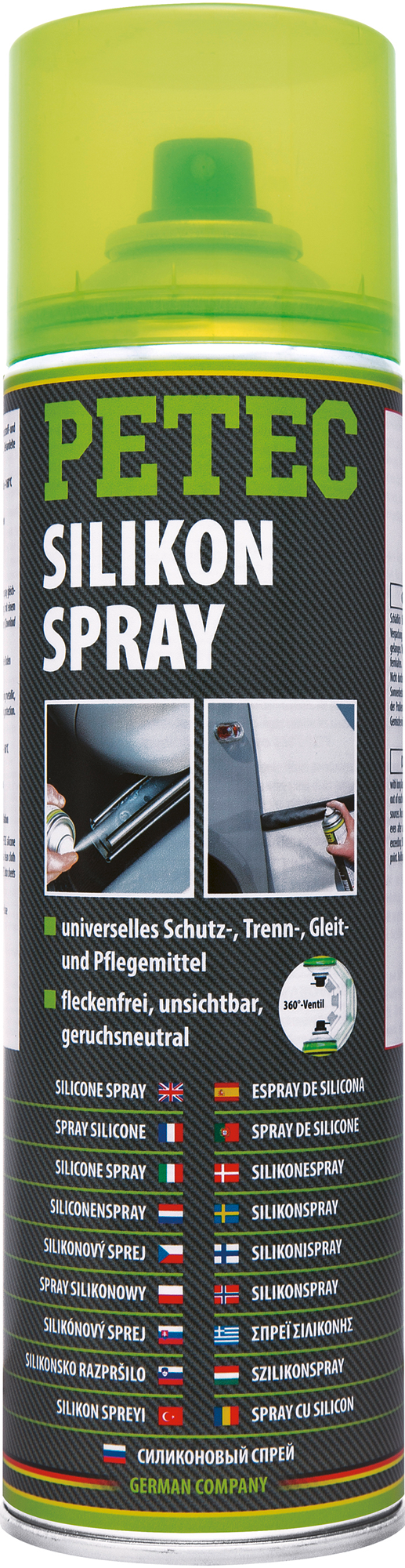 Silikonspray transparent 500 ml for pleie og smøring - Petec forfra
