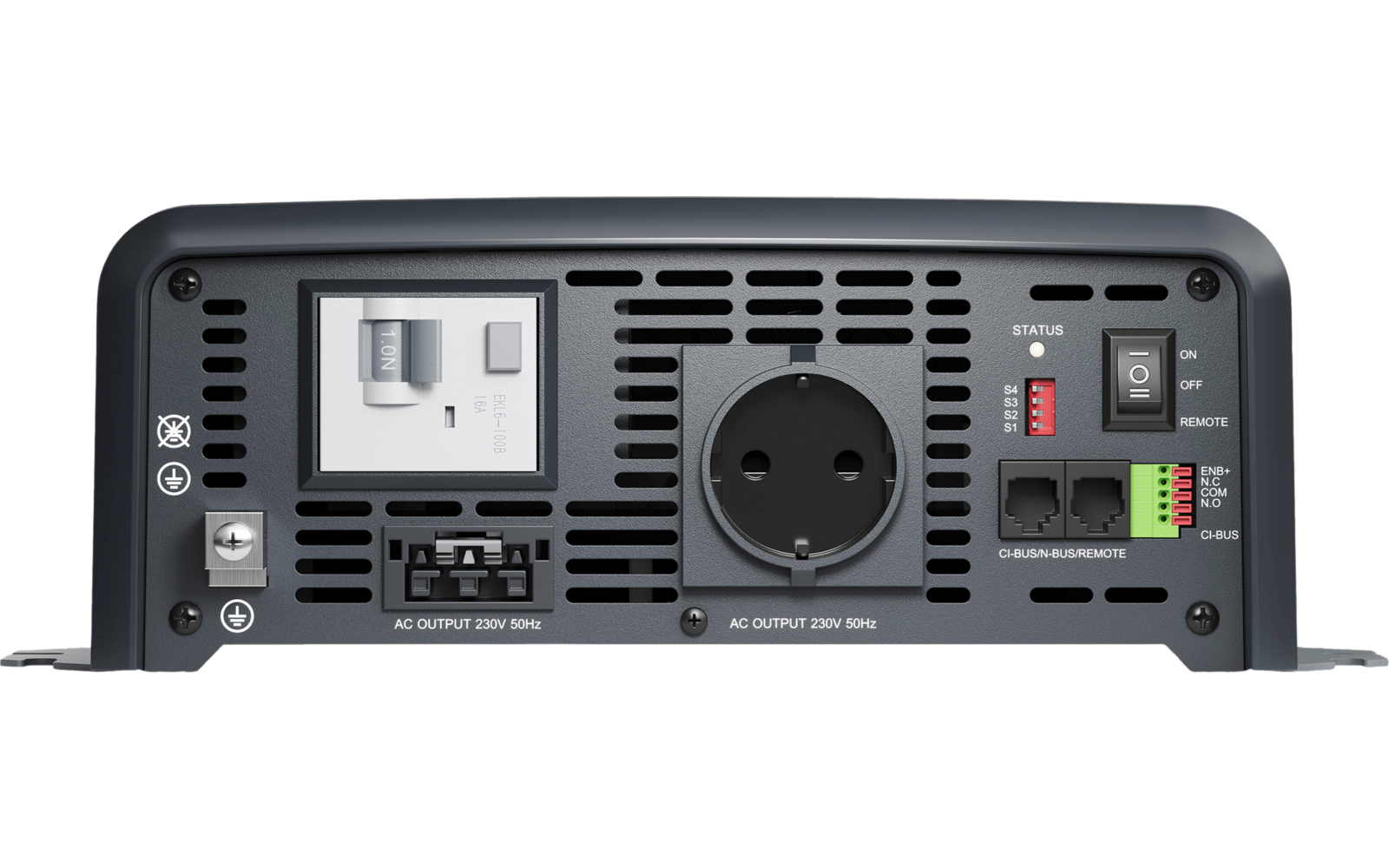 Bakside av Sinusvekselretter SinePower DPSI 2012RC 12V med RCD
