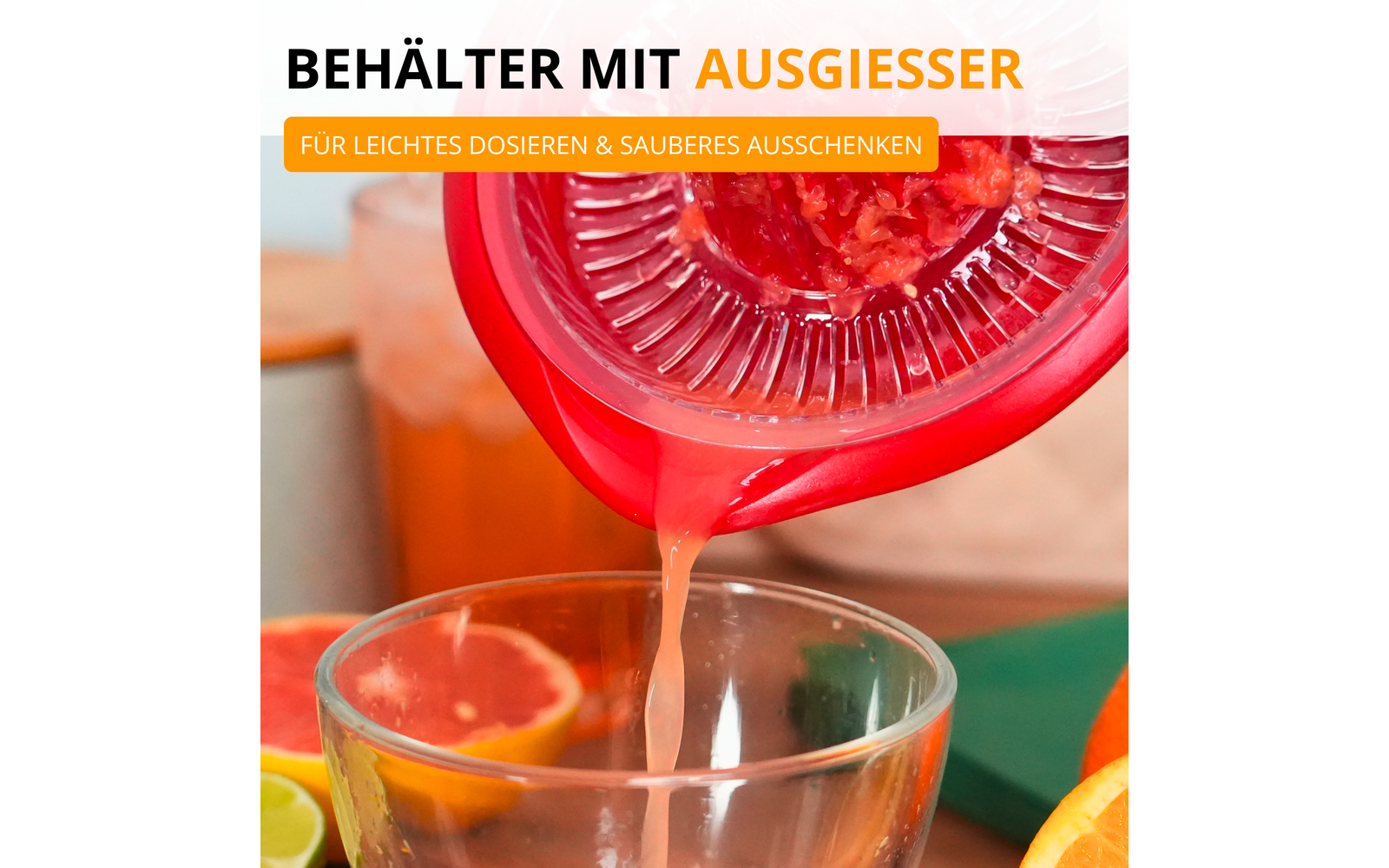 Nærbilde av beholder og tut på Sitrus- og appelsipresse Limetta 350 ml rød