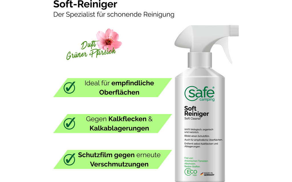 Skånsom overflaterens for sensitive flater 500 ml - Safe Camping detalj av etikett