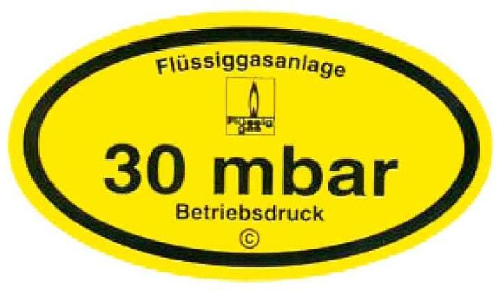 Skilt for gasstrykk "Driftstrykk 30 mbar" 95x53 mm forfra