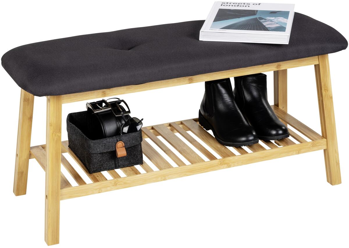 Montert Skobenk Ecori med sitepute i bambus 90x33x45 cm svart
