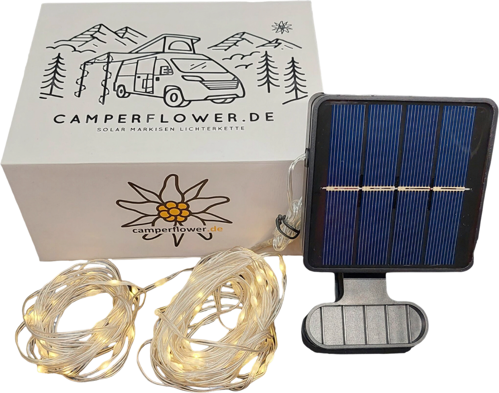 Solar lyslenke for markise med batteri 10 m 100 LED - Camperflower forfra