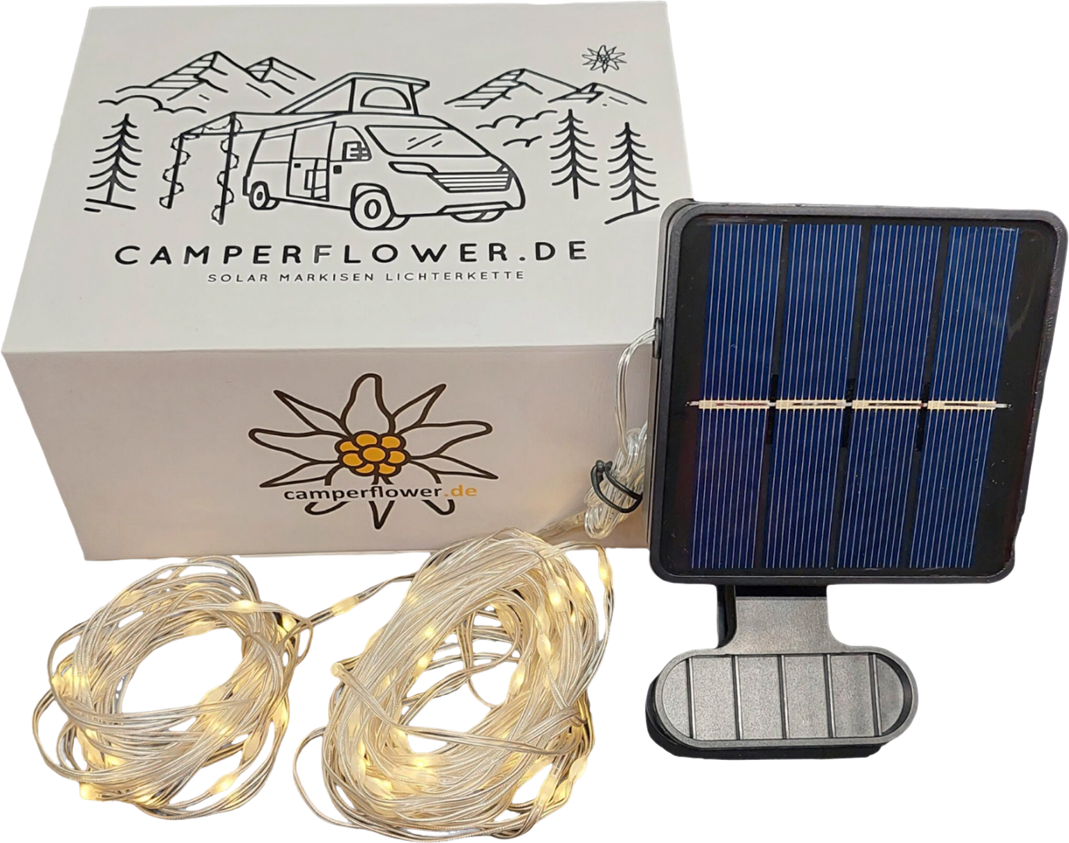 Solar lyslenke for markise med batteri 10 m 100 LED - Camperflower forfra