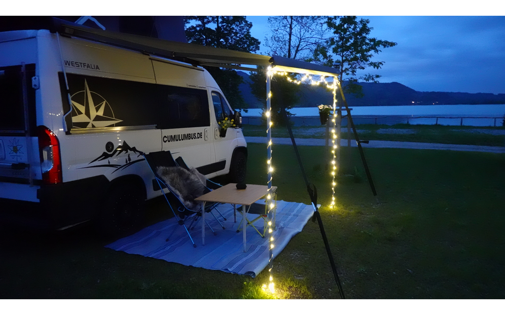 Solar lyslenke for markise med batteri 10 m 100 LED - Camperflower solpanel clipfeste
