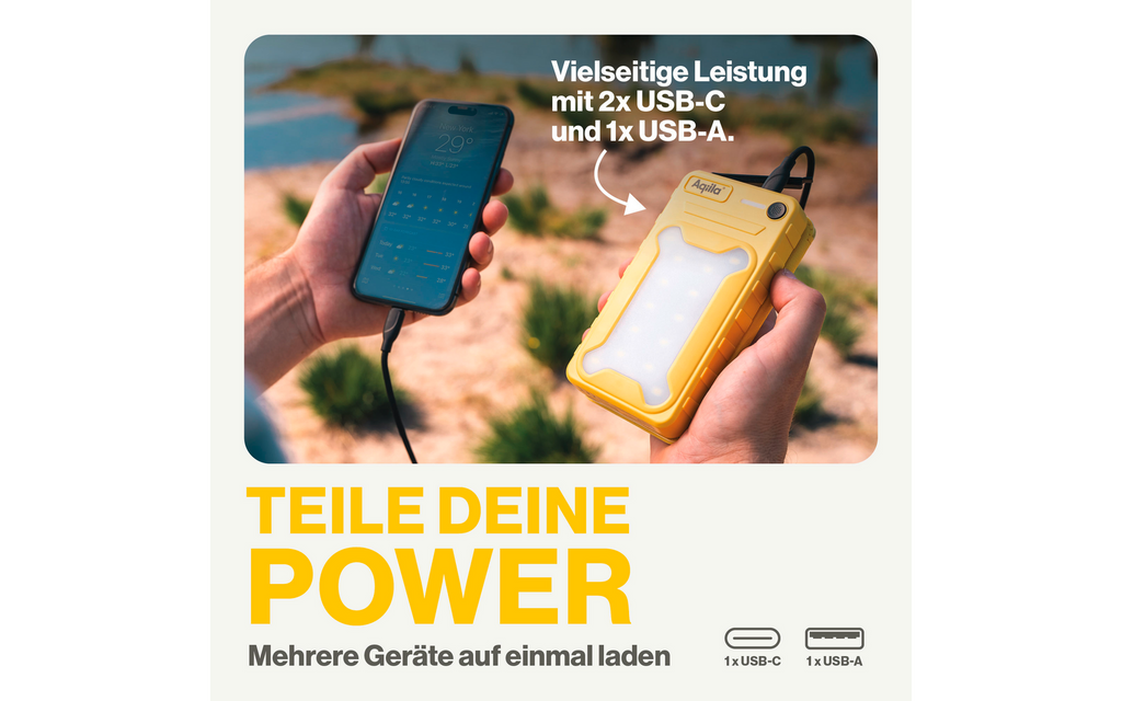 Nærbilde av USB-C port på Solar powerbank 20W 20000 mAh med solpaneler gul