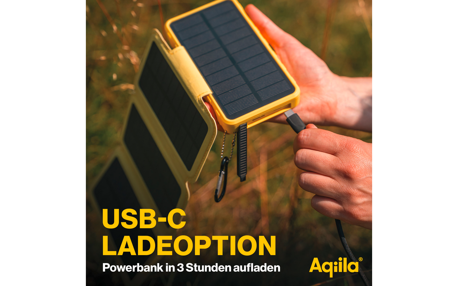 Solar powerbank 20W 20000 mAh med solpaneler gul med utklappede solpaneler