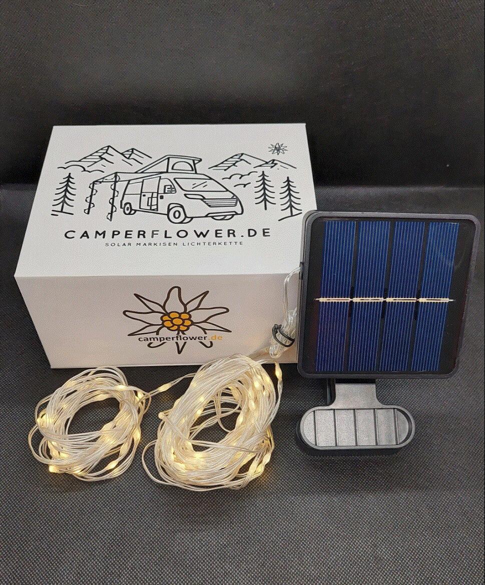 Solcelle lyslenke for markise 10m 100 LED varmhvit - Camperflower