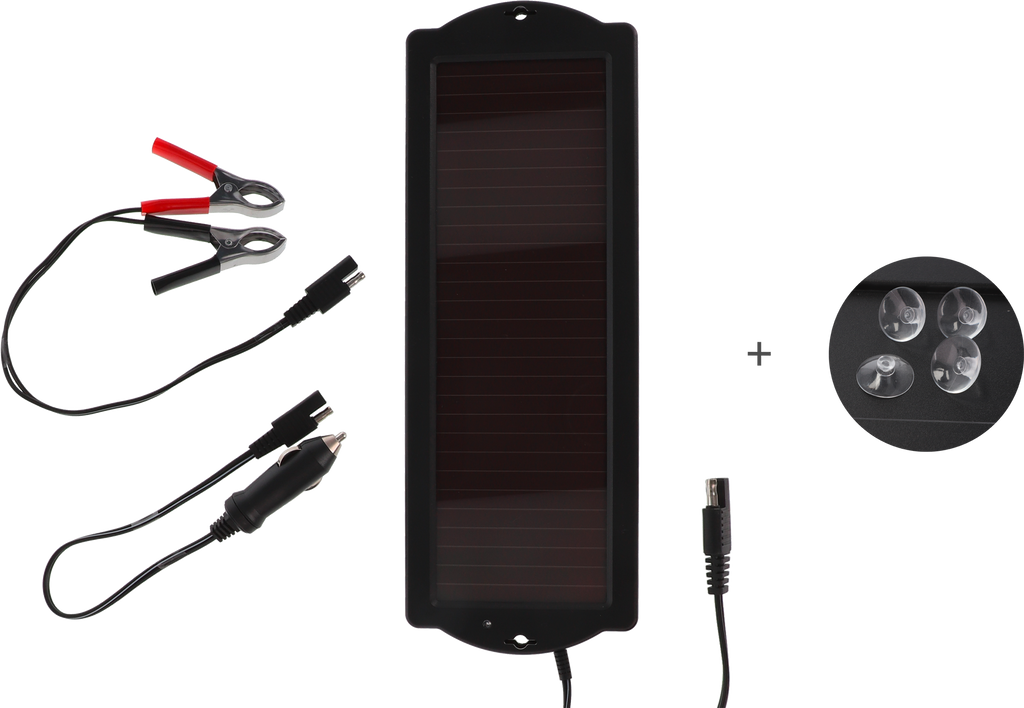 Solcellebatterilader 1,5 W for vedlikeholdslading 12 V forfra