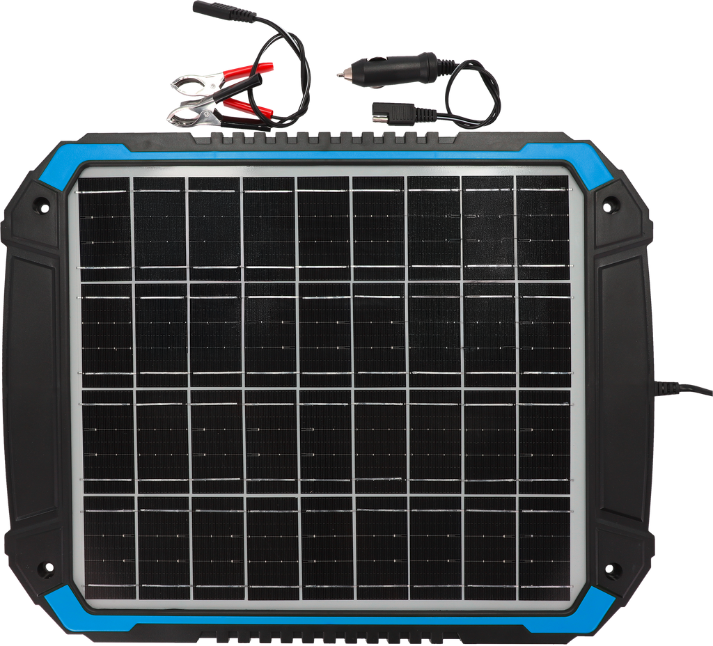 Solcelledrevet batterilader 15 W for bil, bobil og båt forfra