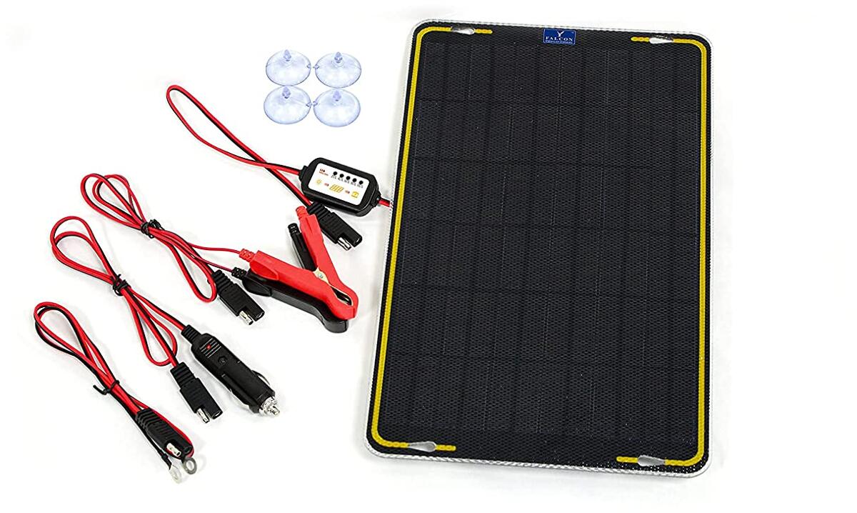 Solcellepanel 12V 12W med krokodilleklemmer for batterilading forfra