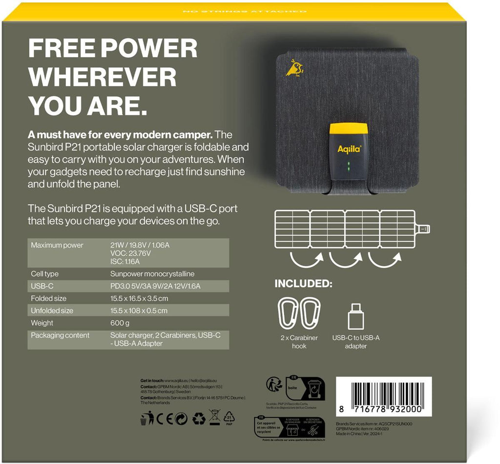 Sollader Sunbird P21 sammenleggbar 21W USB-C IP67 600g utbrettet bredde