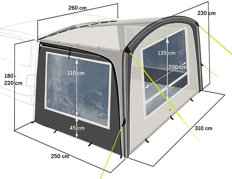 Solseil Antigua Air for VW-buss 330x250 cm detalj og luftstang