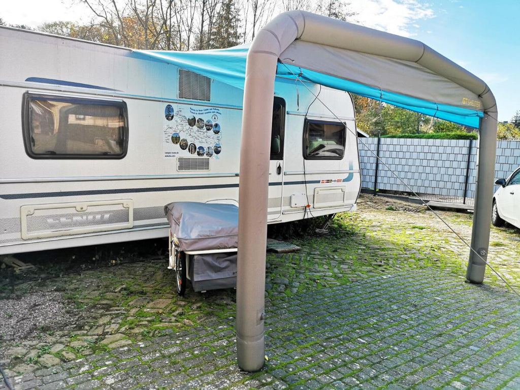 Solseil for campingvogn oppblåsbart blått Gentle Tent detalj av materiale
