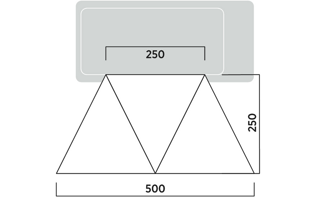 Oversikt over Solseil Lom Tri 250 x 500 cm sett med tre trekanter oppsatt