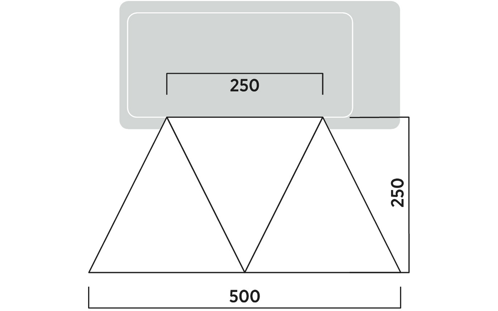 Oversikt over Solseil Lom Tri 250 x 500 cm sett med tre trekanter oppsatt