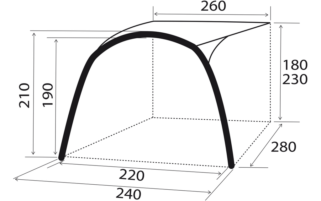 Solseil Skia Campervan oppblåsbart 240x280 cm luftstag montert ved campingvogn