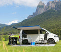 Solseil Sunny Van Roof 260 for buss 250x240 cm blå vist montert