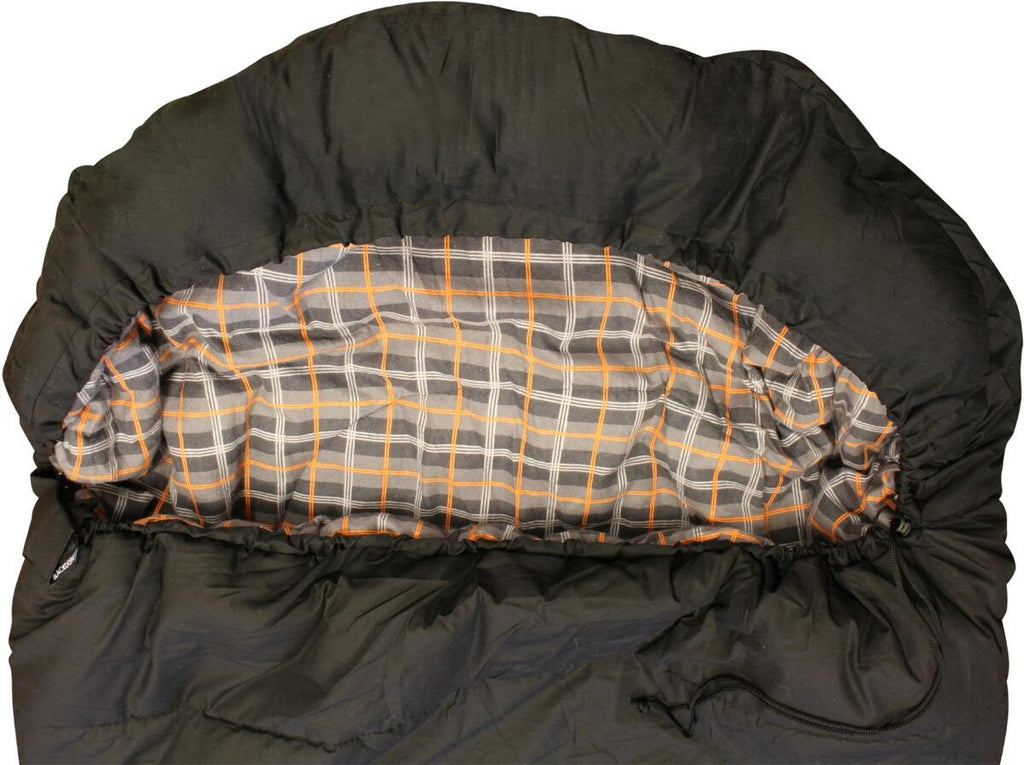 Sovepose Blackdown med mummiehette 240x90 cm flanellfôr bakside
