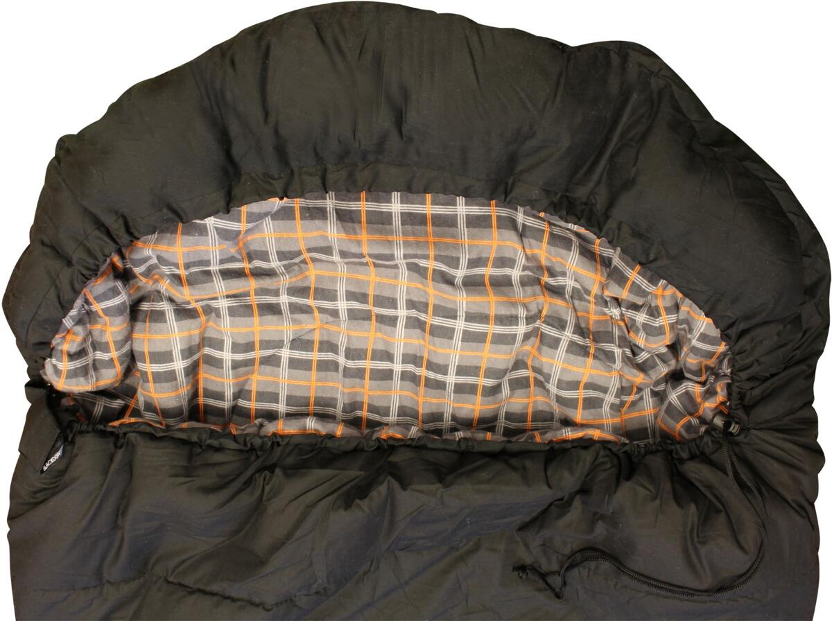 Sovepose Blackdown med mummiehette 240x90 cm flanellfôr bakside