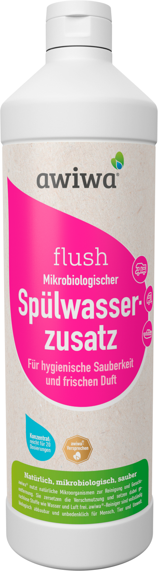 Spylevannstilsetning for campingtoalett 1 liter - Awiwa Flush flaske