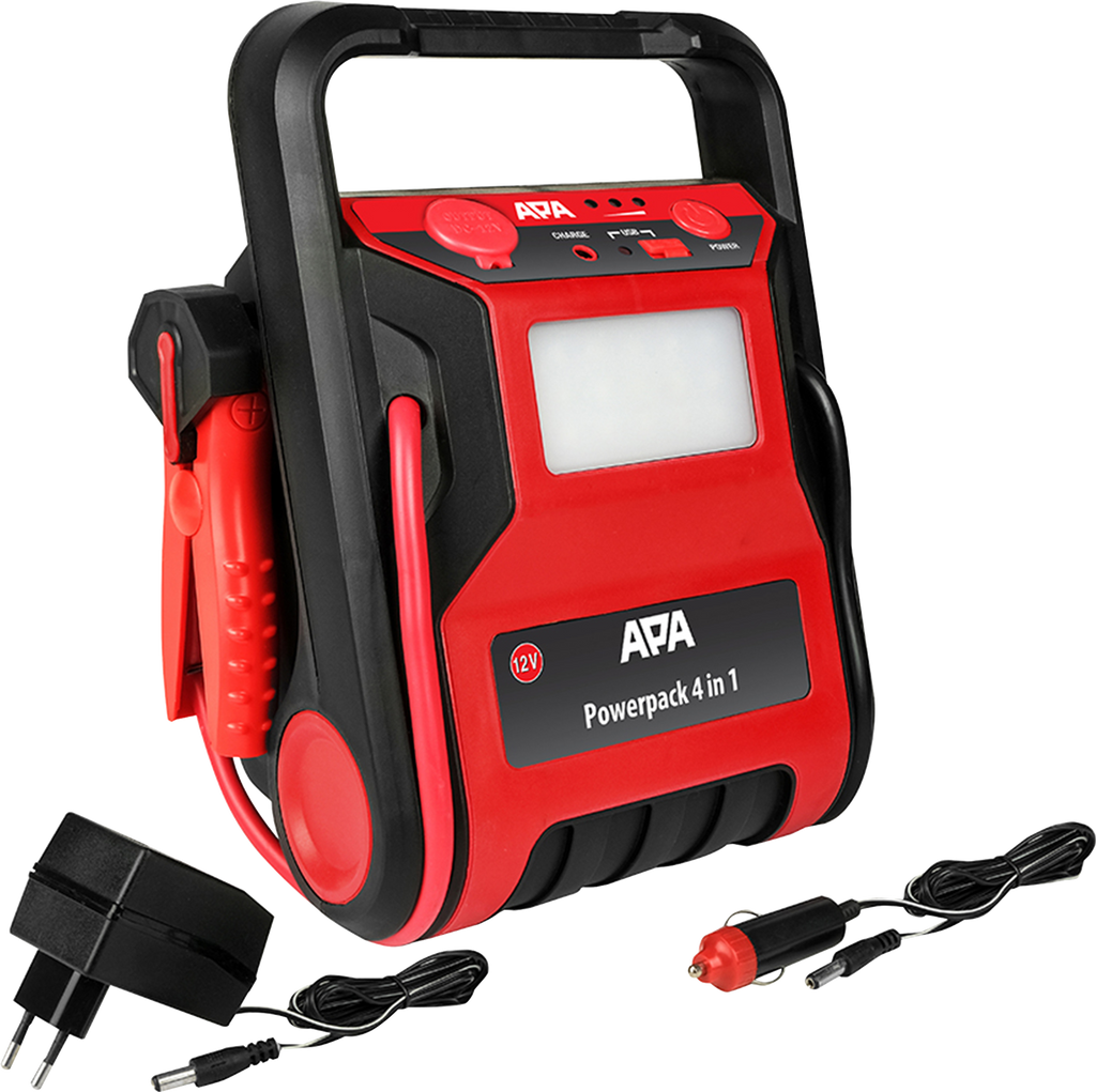 Starthjelpepakke med kompressor 7000 mAh 12V 300A - APA forfra