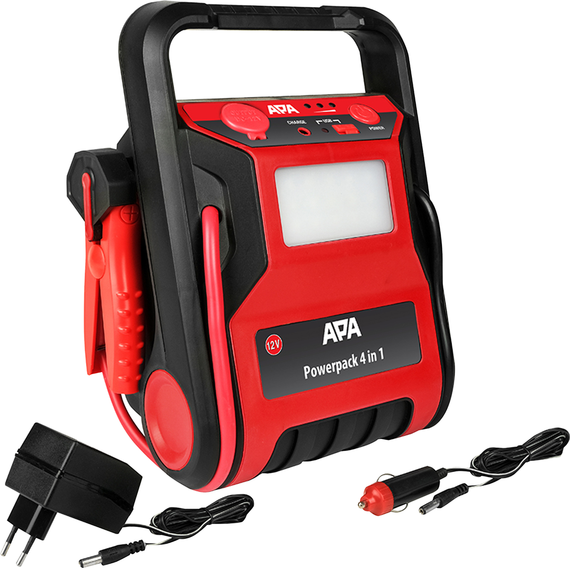 Starthjelpepakke med kompressor 7000 mAh 12V 300A - APA forfra