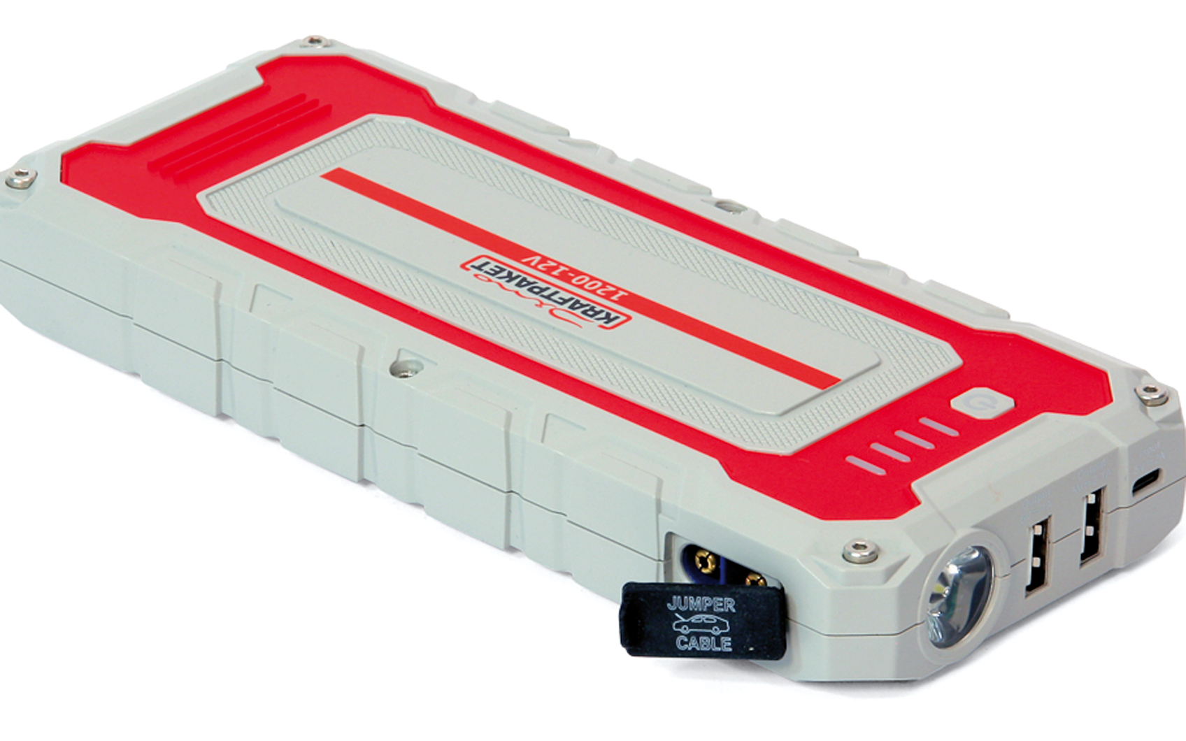 Starthjelpsenhet og powerbank 12V 1500A 17Ah med USB og LED Dino Kraftpaket forfra