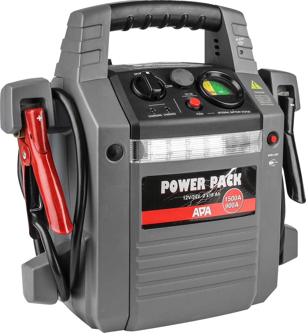 Starthjelpspakke 12/24V 900/1500A med 2x18000mAh - APA forfra