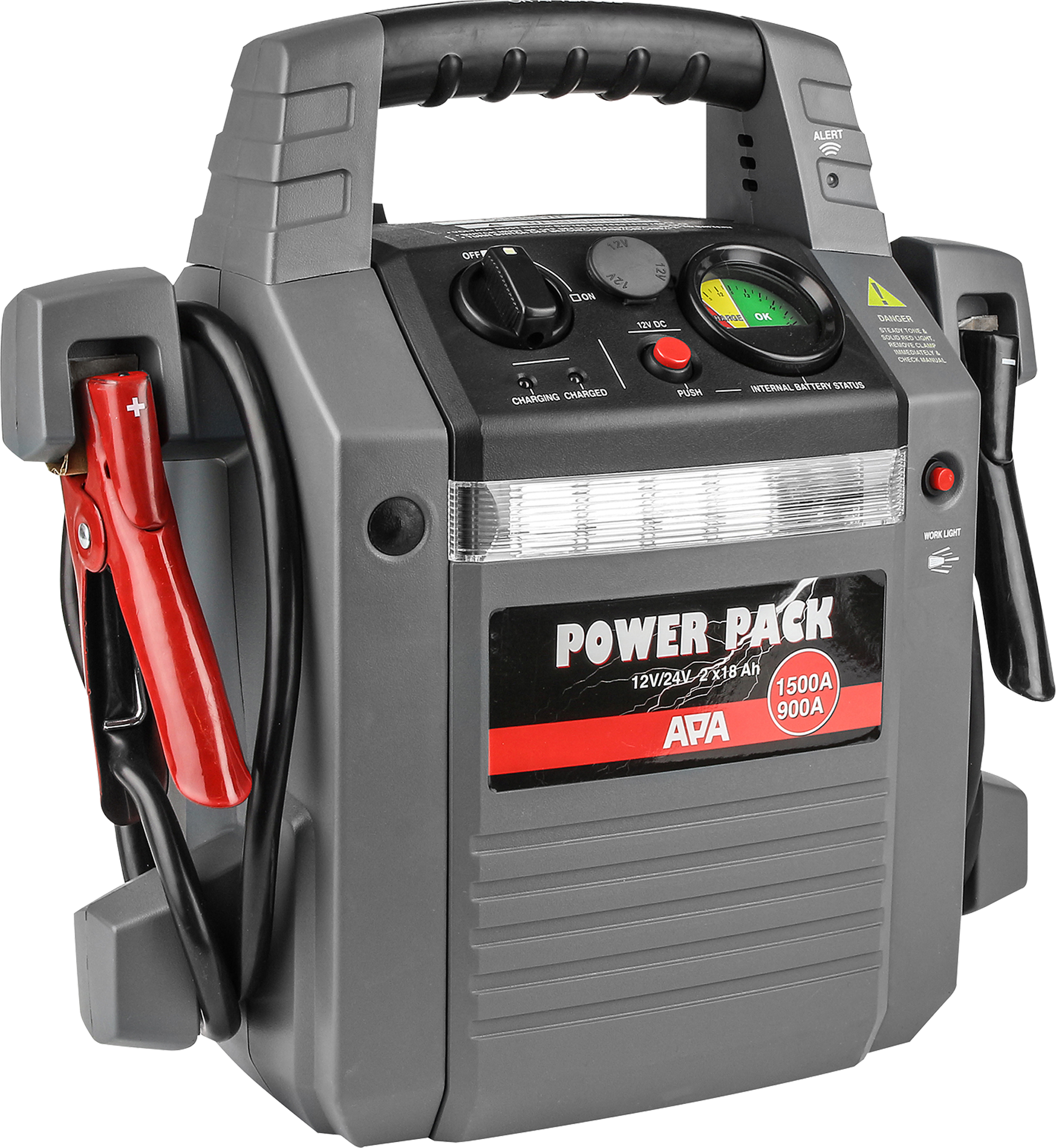 Starthjelpspakke 12/24V 900/1500A med 2x18000mAh - APA forfra