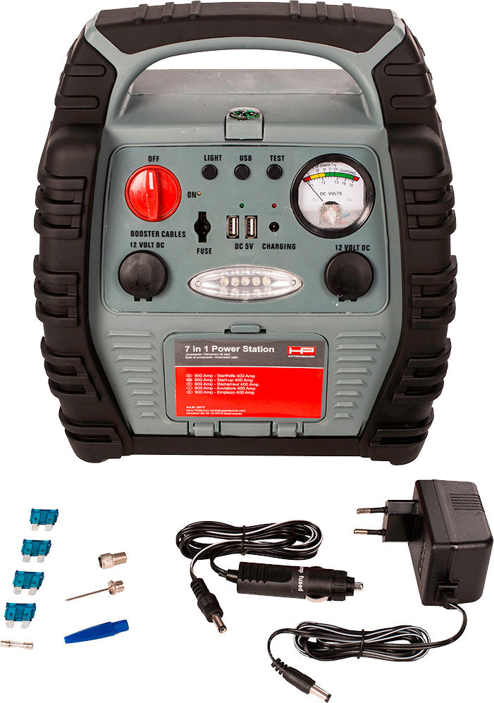 Starthjelpstasjon 7-i-1 med kompressor 12 V / 900 A 17 Ah sett forfra