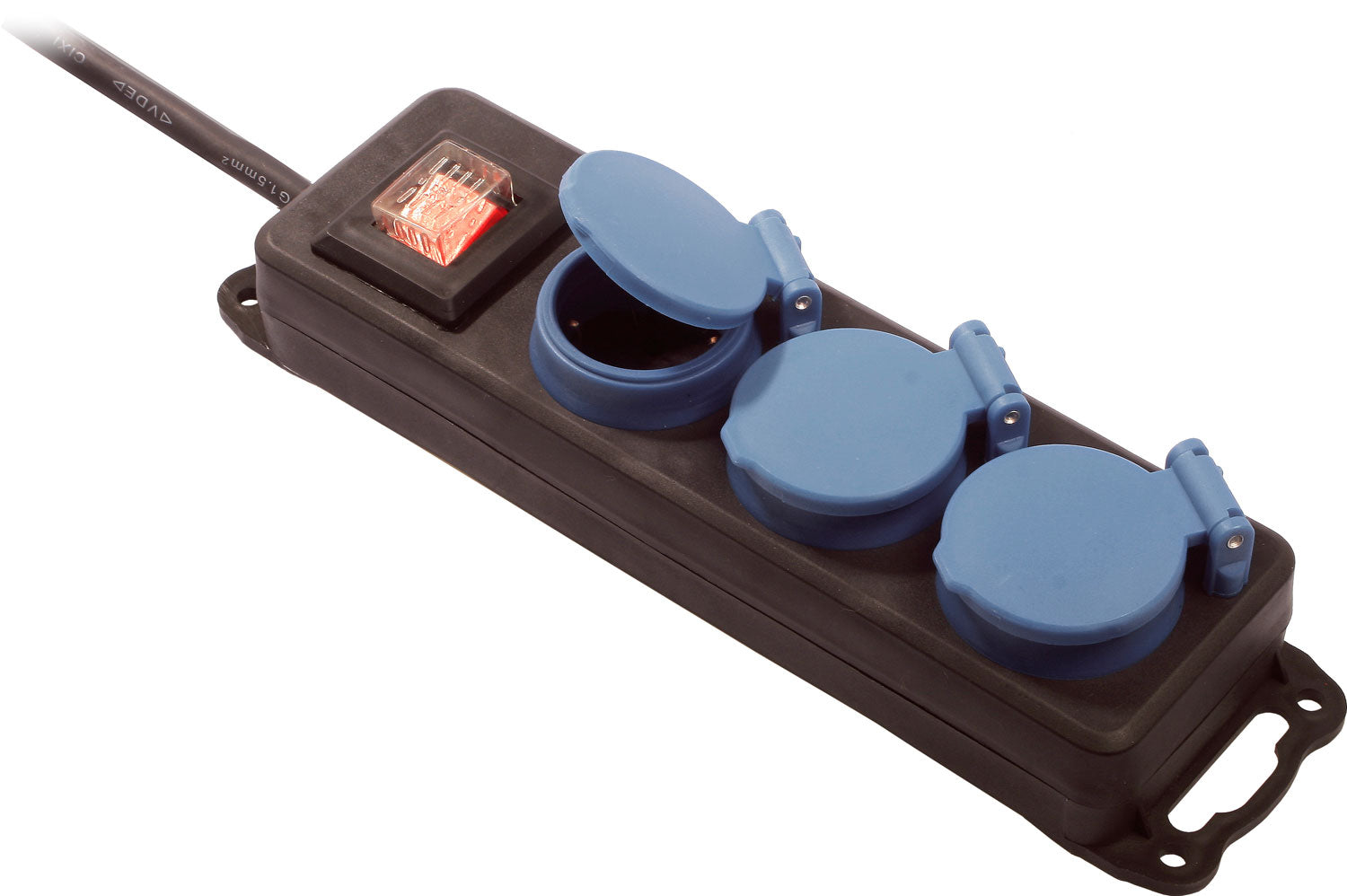 Stikkontaktlist 3-veis IP44 230V 16A med 1,5 m kabel AS-Schwabe foran