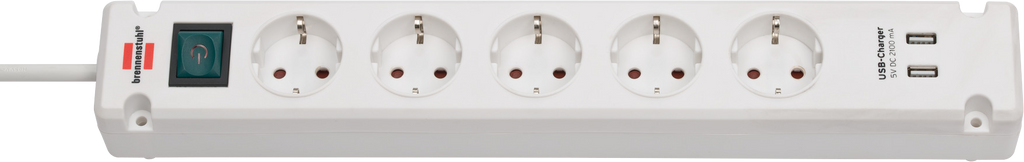 Stikkontaktlist 5-veis med 2 USB-porter og bryter 3m - Brennenstuhl forfra