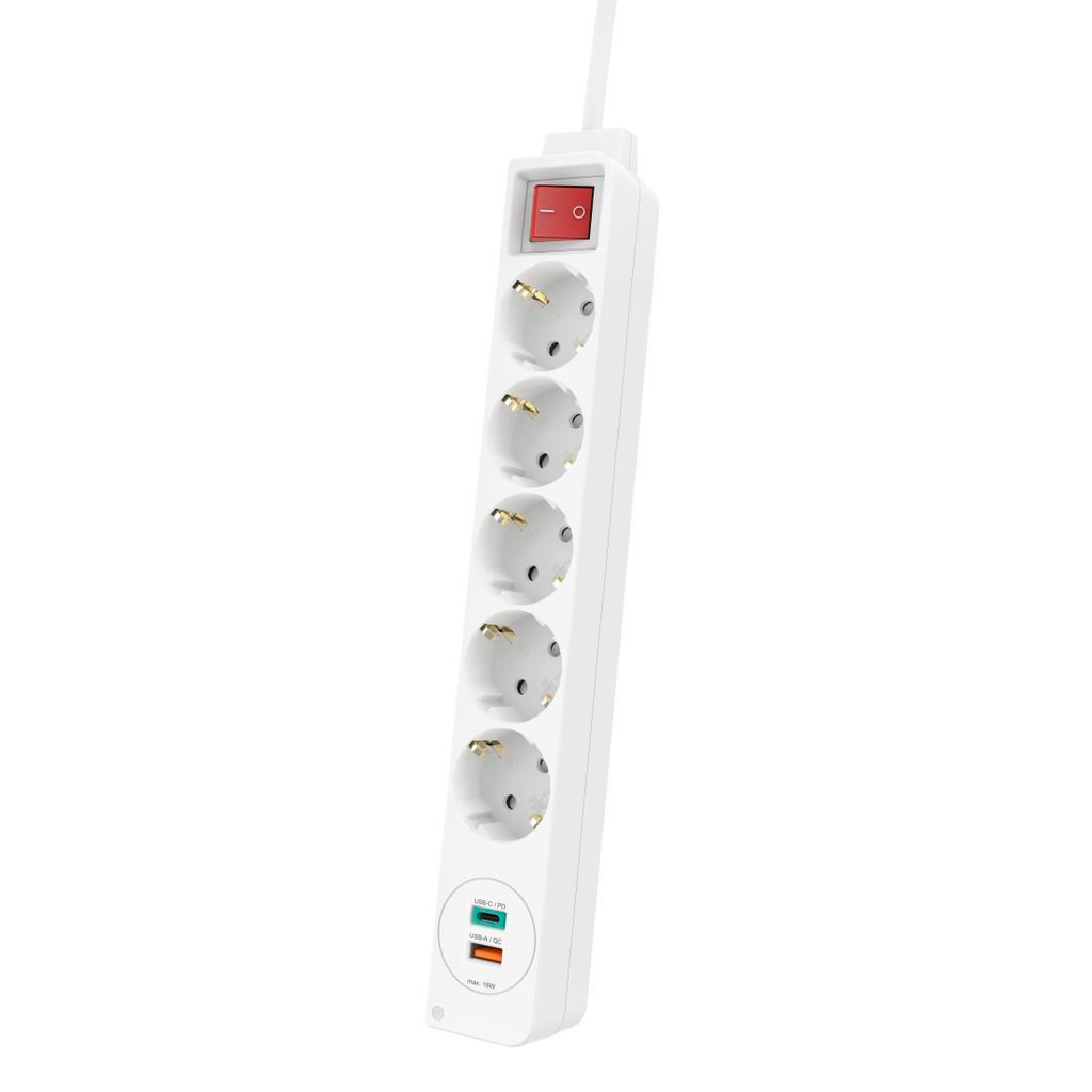 Stikkontaktlist 5-veis med USB-C USB-A Quick Charge hvit - Hama forfra