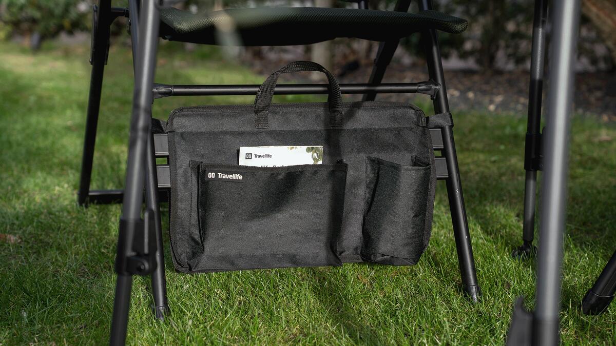 Stolorganiser 30,5x50 cm med koppholder, svart - bakside med borrelås