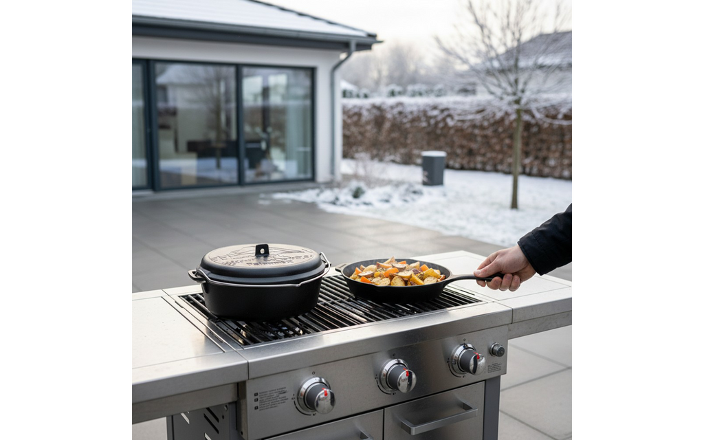 Montert støpejerns stekepanne FP Essential Ø 25 cm seasoned finish på grill