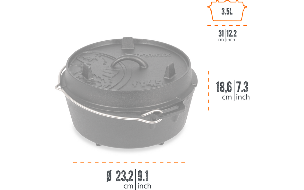 Detalj av lokk på støpejernsgryte dutch oven 3,5 liter med lokk og ben Petromax