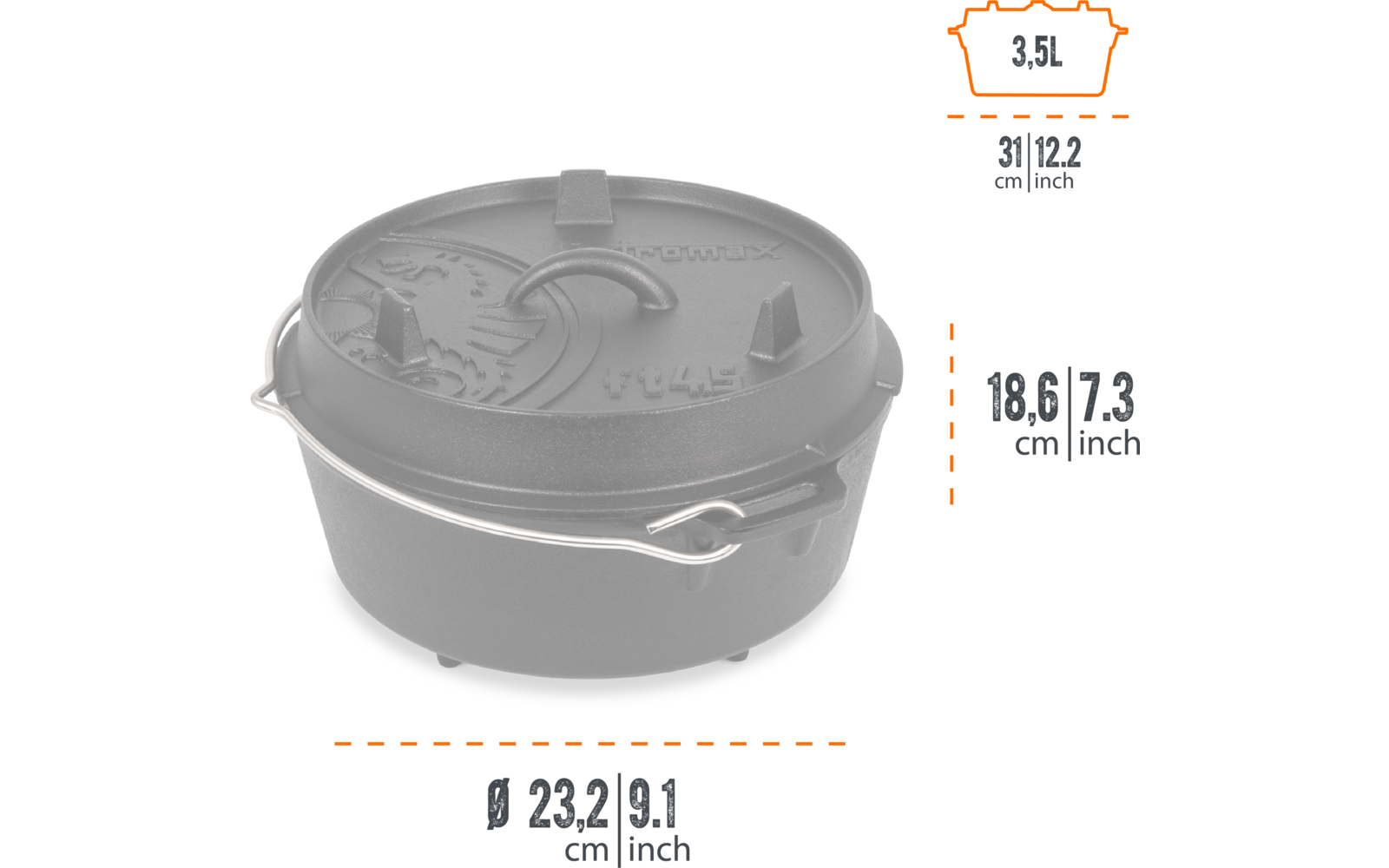 Detalj av lokk på støpejernsgryte dutch oven 3,5 liter med lokk og ben Petromax