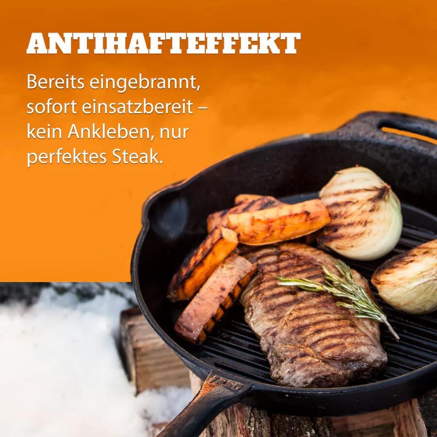 Montert Støpejernspanne sett Ø25/30 cm svart med skaft - Petromax på bål
