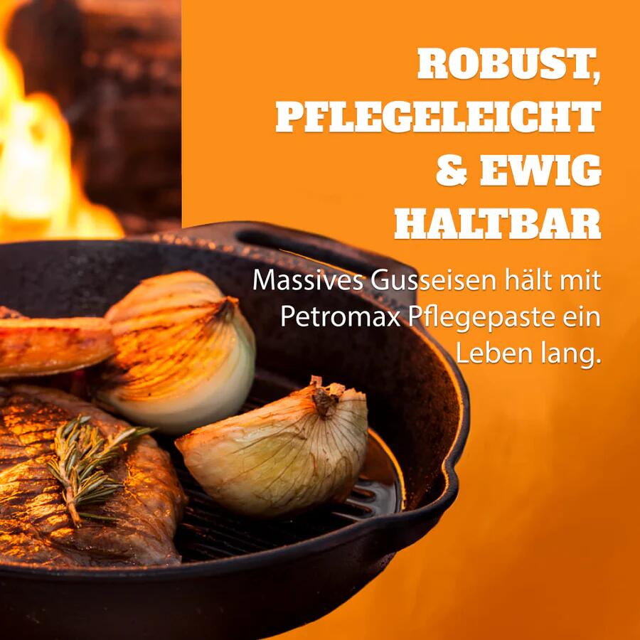 Nærbilde av håndtak på Støpejernspanne sett Ø25/30 cm svart med skaft - Petromax