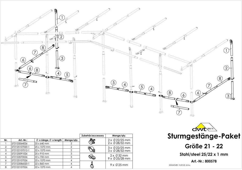 Montert Stormstangpakke str. 13-20 med stålrør 25/22 mm på telt