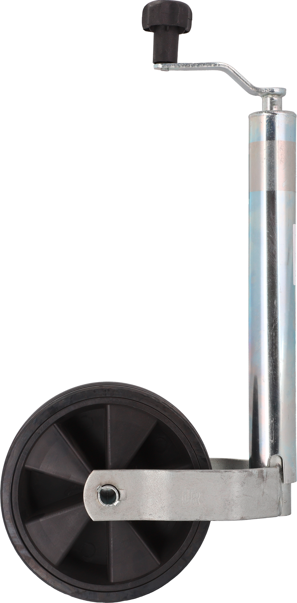 Støttehjul for campingvogn med helgummihjul 150 kg 48 mm moog Trailerparts forfra